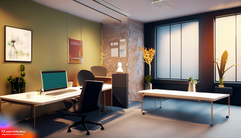 Firefly nclude an image of a well designed office environment with colors that promote productivity